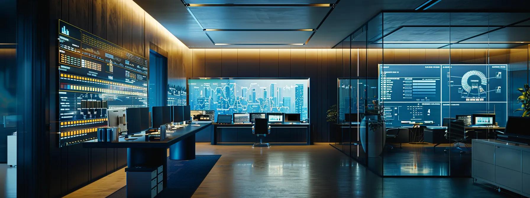 a dynamic urban office space filled with sleek technology displays and charts illustrating complex financial transactions, emphasizing the theme of integration in money laundering through vibrant visual data and an atmosphere of high-stakes finance.