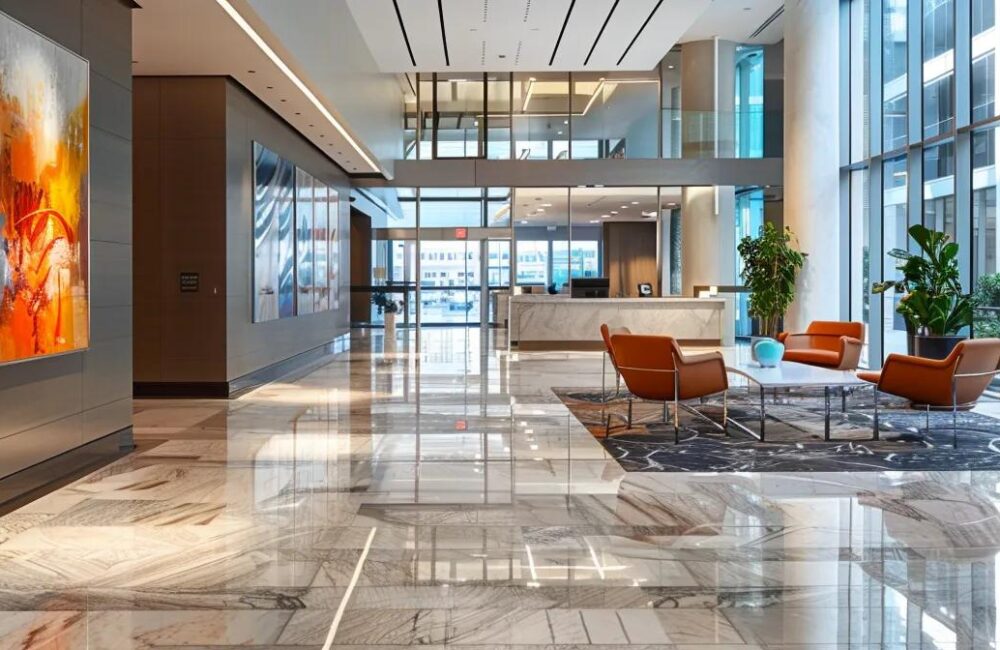 a sleek, modern bank interior showcases polished marble floors and expansive glass walls, reflecting a vibrant city skyline through its large windows, underscoring an atmosphere of financial sophistication and trust.