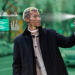 A man holding his face while a biometric scan overlay highlights facial features, with personal information displayed beside him, illustrating background checks in AI matchmaking.